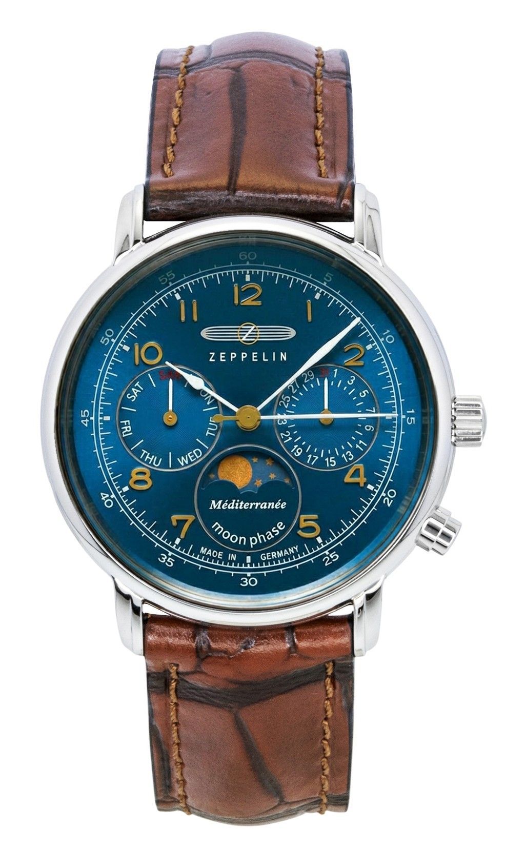 Orologio da uomo Zeppelin 100 Jahre Mediterranee con fasi lunari, cinturino in pelle, quadrante blu, movimento al quarzo 96373
