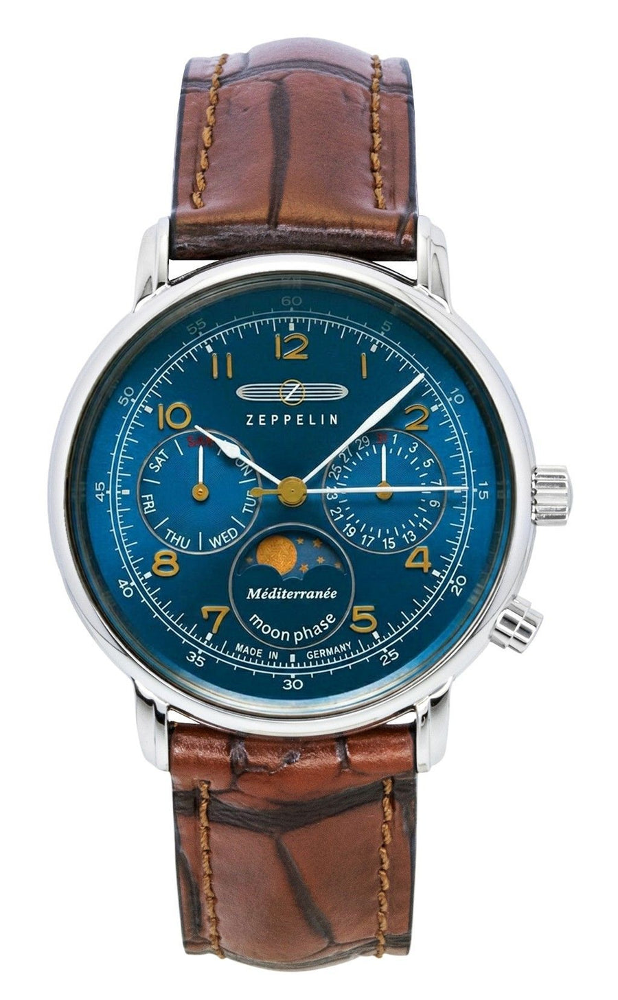 Zeppelin 100 Jahre Mediterranee Moonphase Lederarmband Blaues Zifferblatt Quarz 96373 Herrenuhr