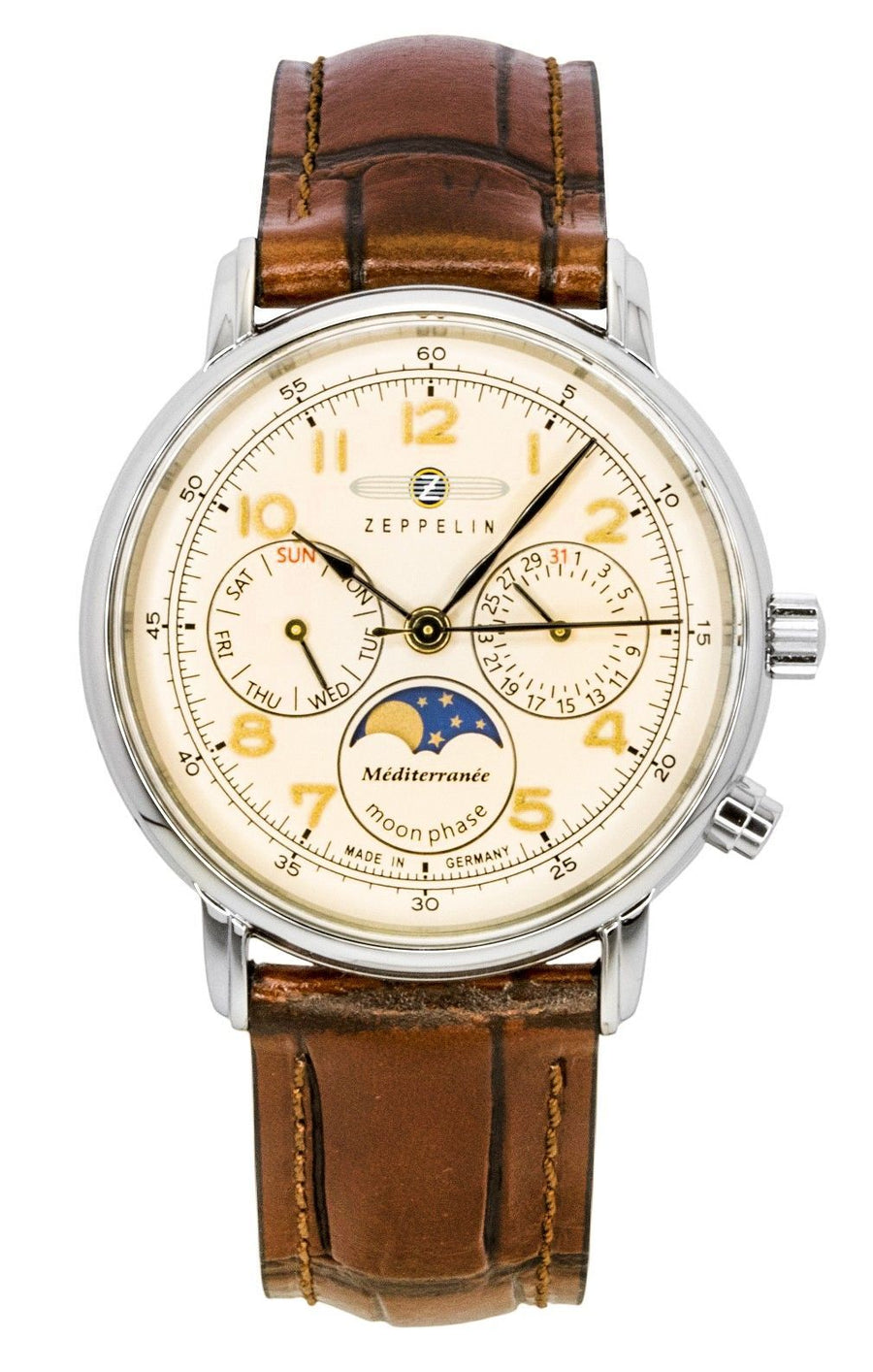 Zeppelin Mediterranee Mondphase Lederarmband Champagnerfarbenes Zifferblatt Quarz 96375 Herrenuhr