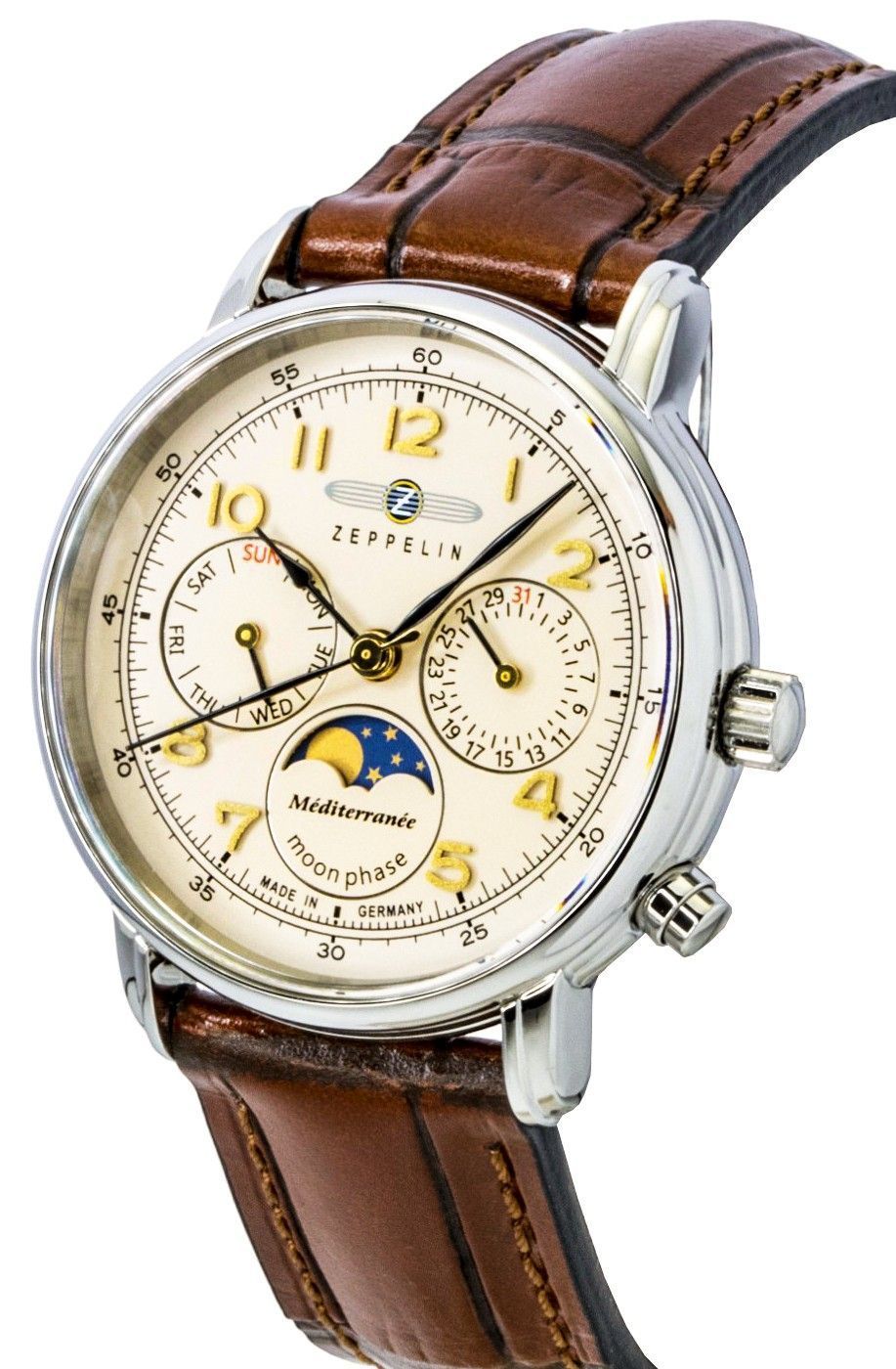 Zeppelin Mediterranee Moonphase lederen band champagne wijzerplaat quartz 96375 herenhorloge