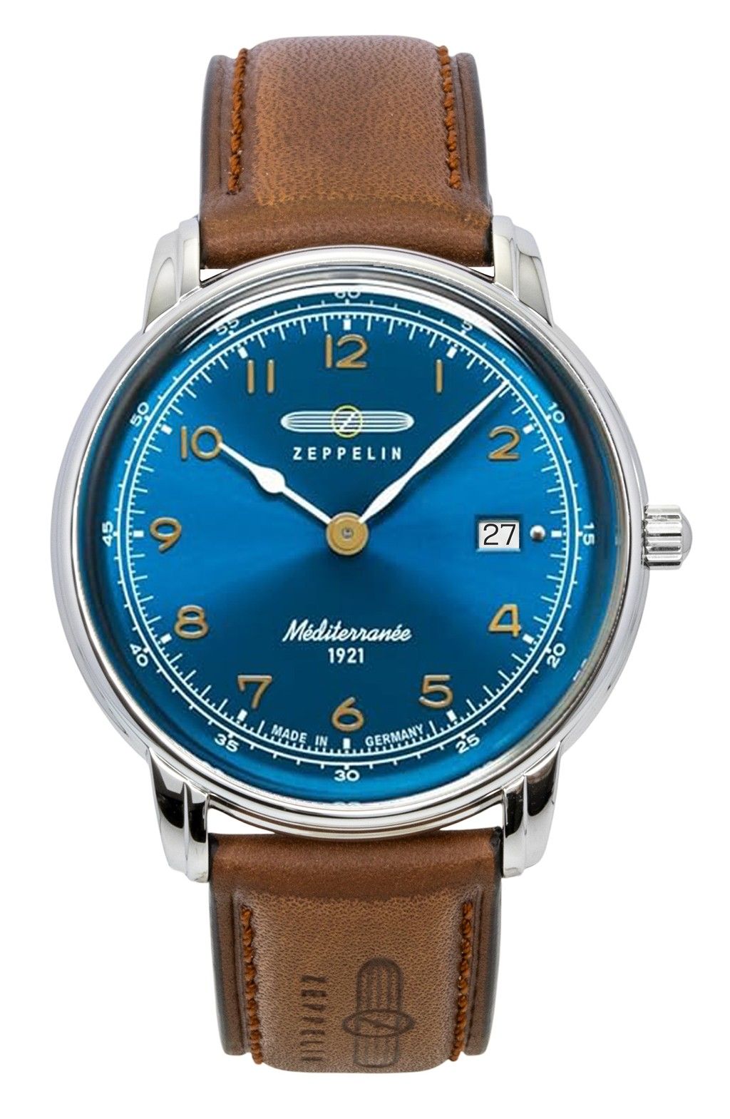 Orologio da uomo Zeppelin 100 Jahre Mediterranee, cinturino in pelle, quadrante blu, quarzo, 96403