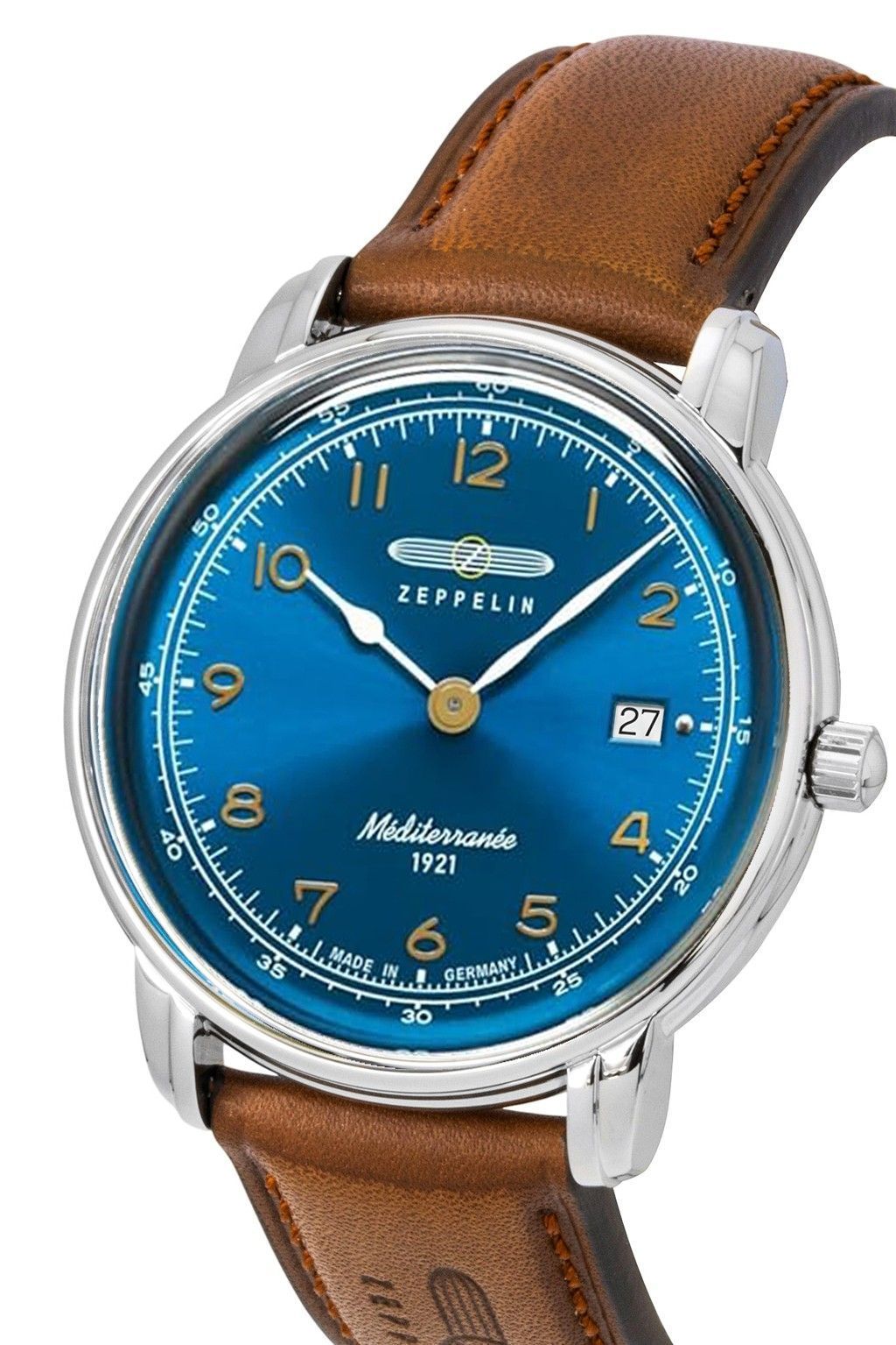 Orologio da uomo Zeppelin 100 Jahre Mediterranee, cinturino in pelle, quadrante blu, quarzo, 96403