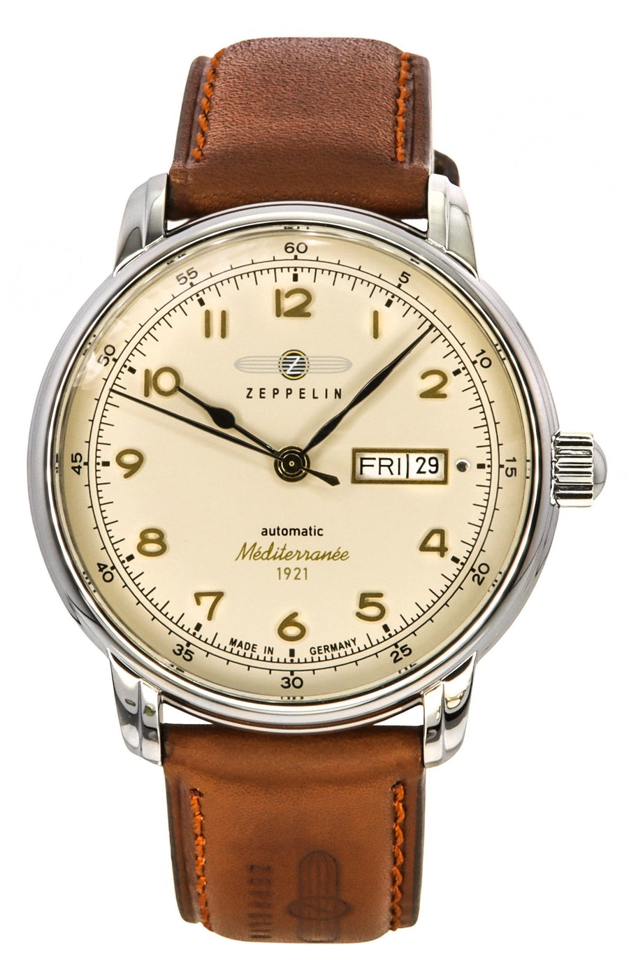 Zeppelin Mediterranee 1921 Lederarmband Beigefarbenes Zifferblatt Automatik 96645 Herrenuhr