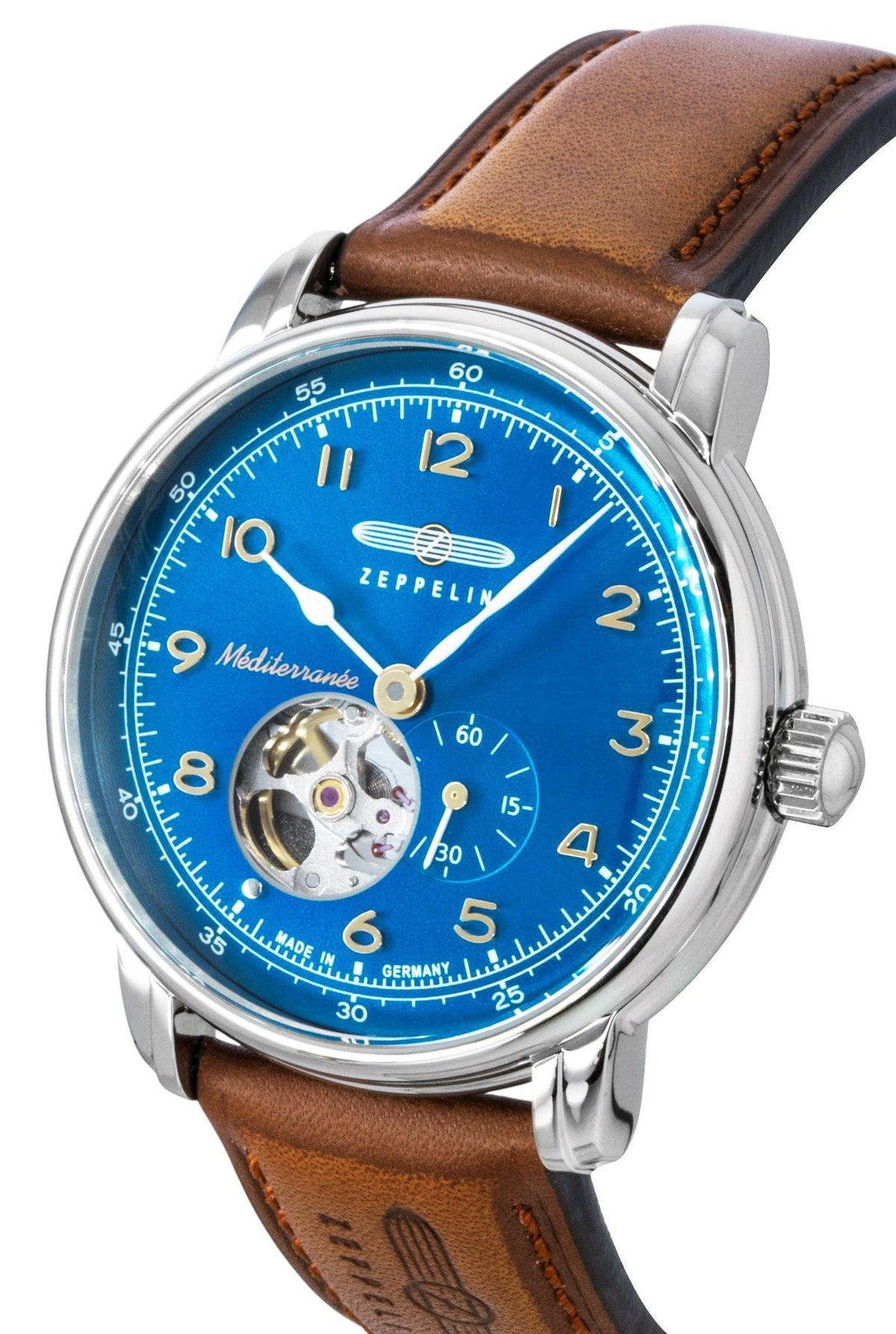 Zeppelin Mediterranee lederen band open hart blauwe wijzerplaat automatisch 96663 herenhorloge
