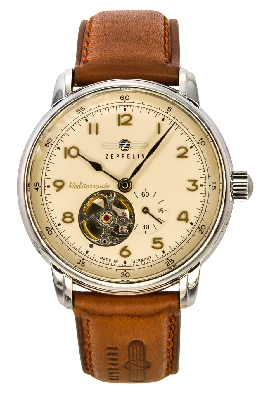 Zeppelin Mediterranee Lederarmband Open Heart Beiges Zifferblatt Automatik 96665 Herrenuhr