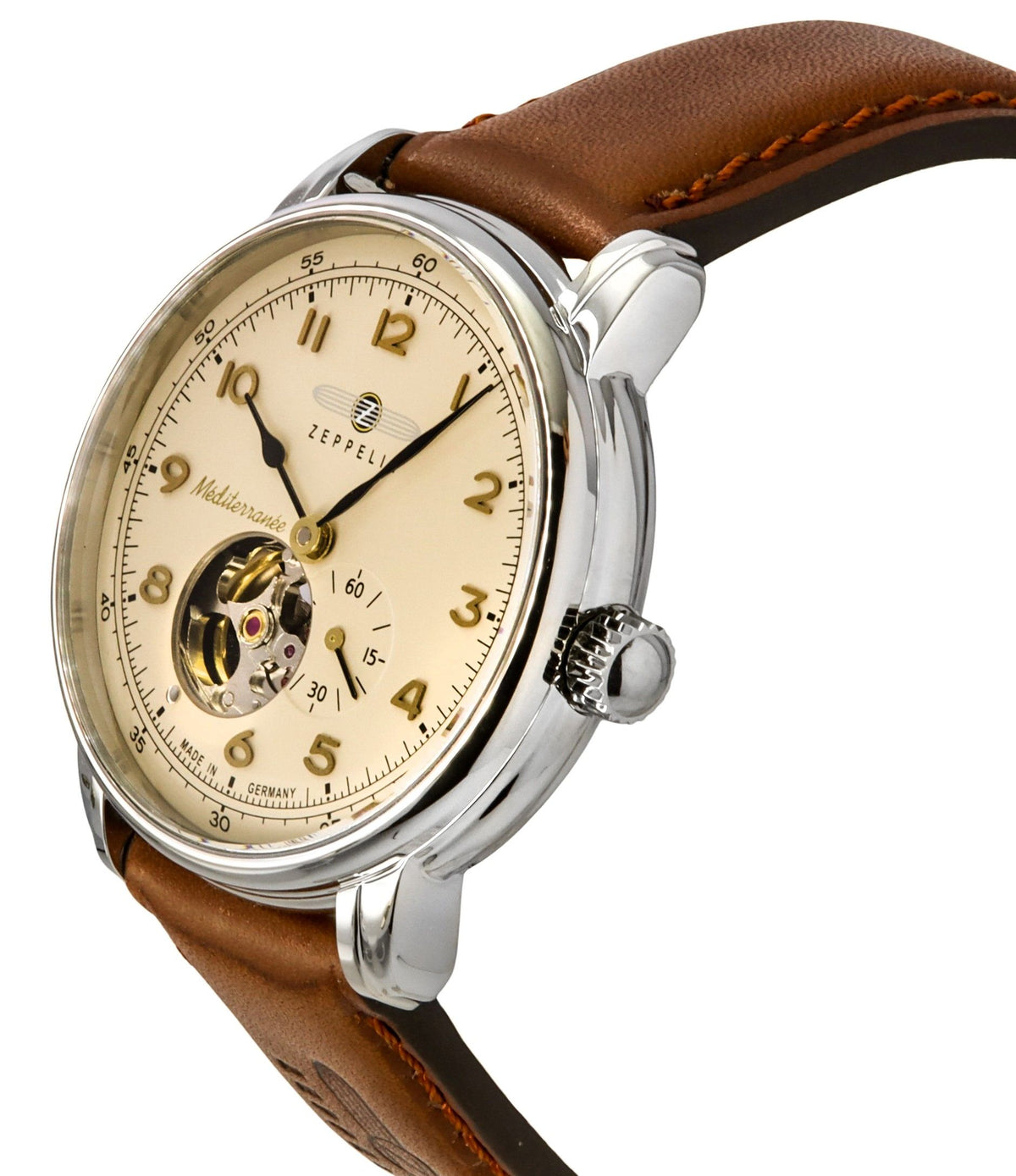 Zeppelin Mediterranee Leather Strap Open Heart Beige Dial Automatic 96665 Men's Watch