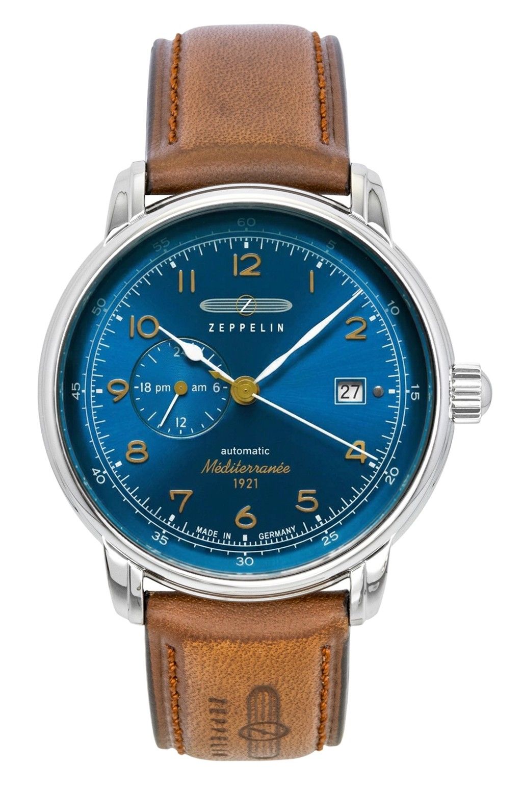 Zeppelin Mediterranee lederen band blauwe wijzerplaat automatisch 96683 herenhorloge
