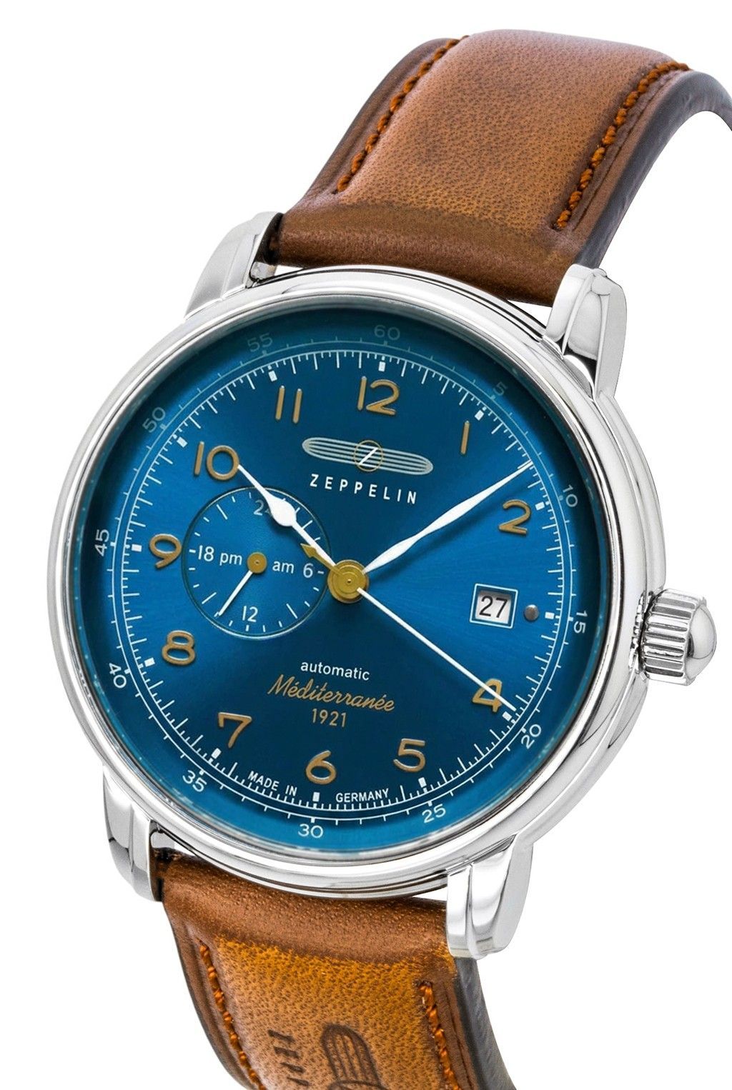 Zeppelin Mediterranee lederen band blauwe wijzerplaat automatisch 96683 herenhorloge