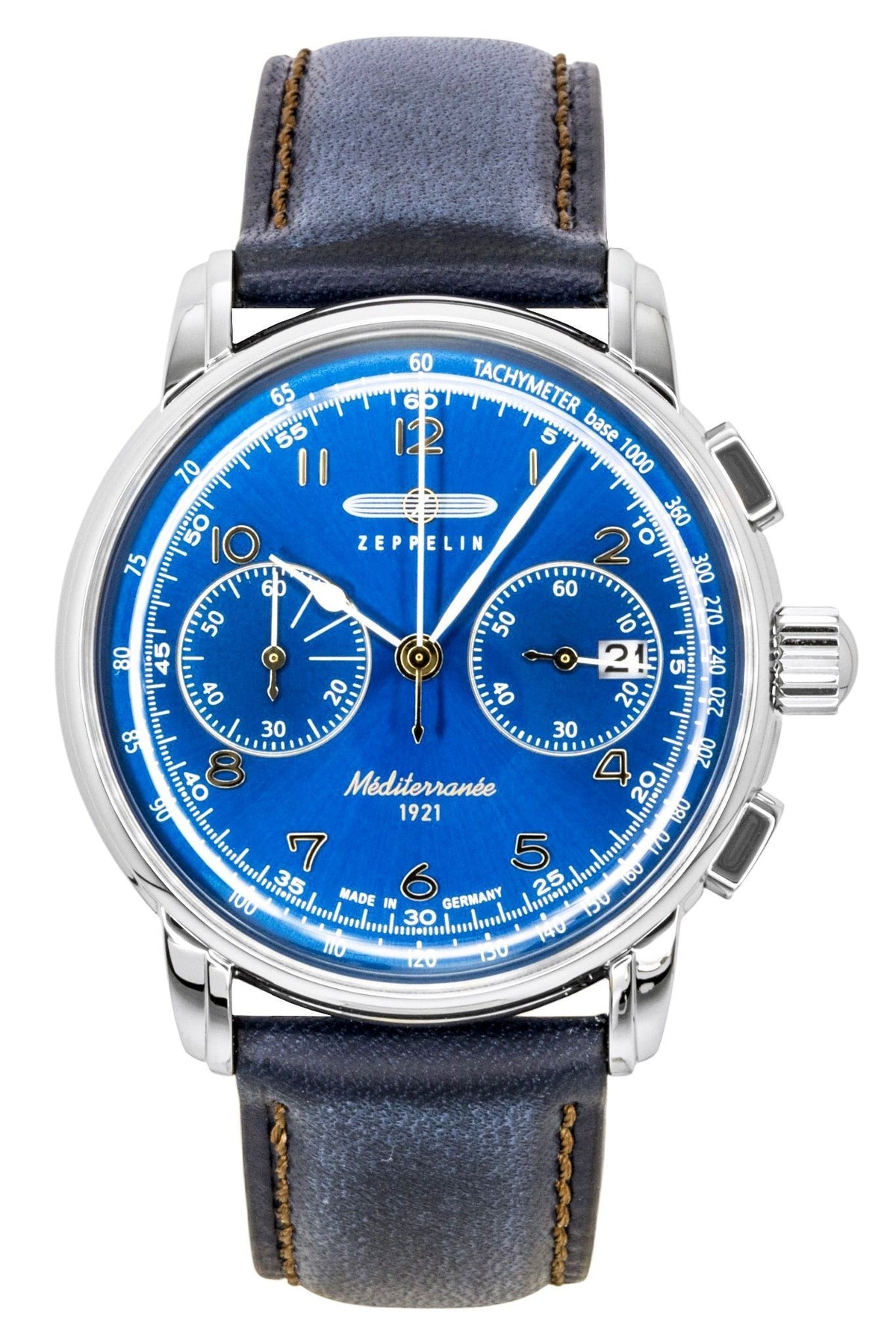 Zeppelin Mediterranee chronograaf lederen band blauwe wijzerplaat quartz 96703 herenhorloge