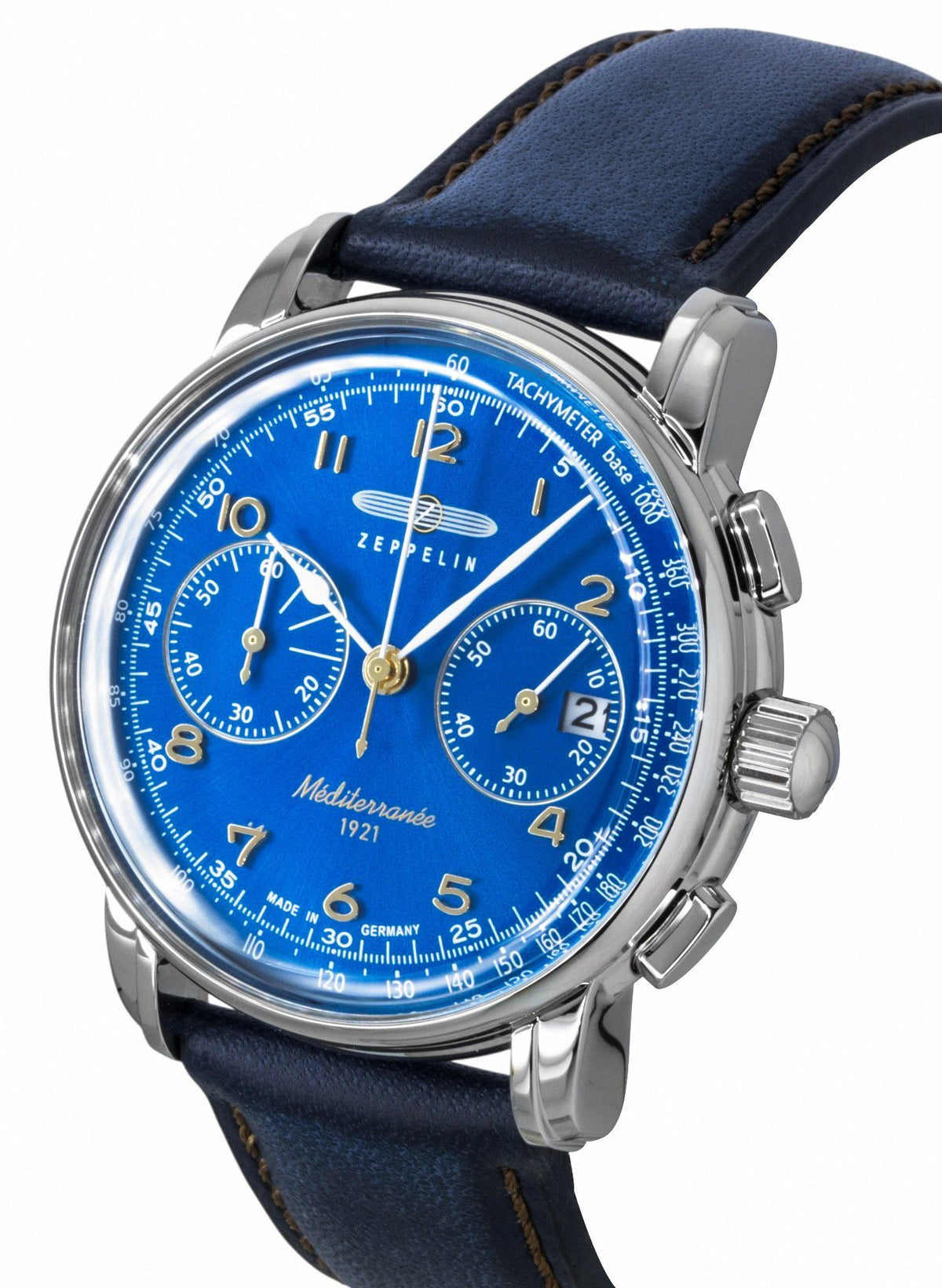 Zeppelin Mediterranee chronograaf lederen band blauwe wijzerplaat quartz 96703 herenhorloge