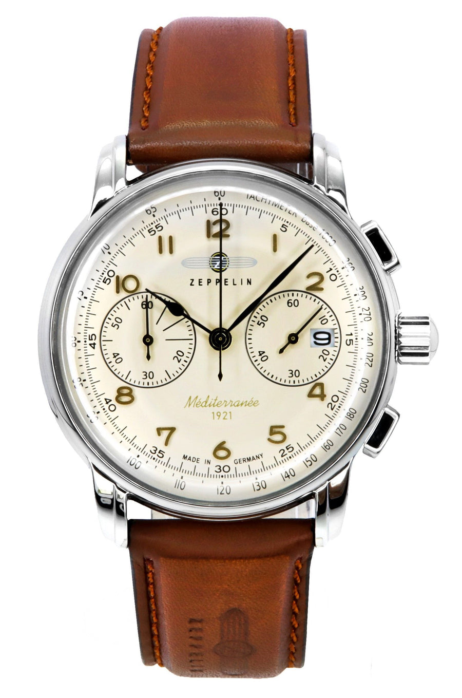 Zeppelin Mediterranee Chronograph Lederarmband Beiges Zifferblatt Quarz 96705 Herrenuhr