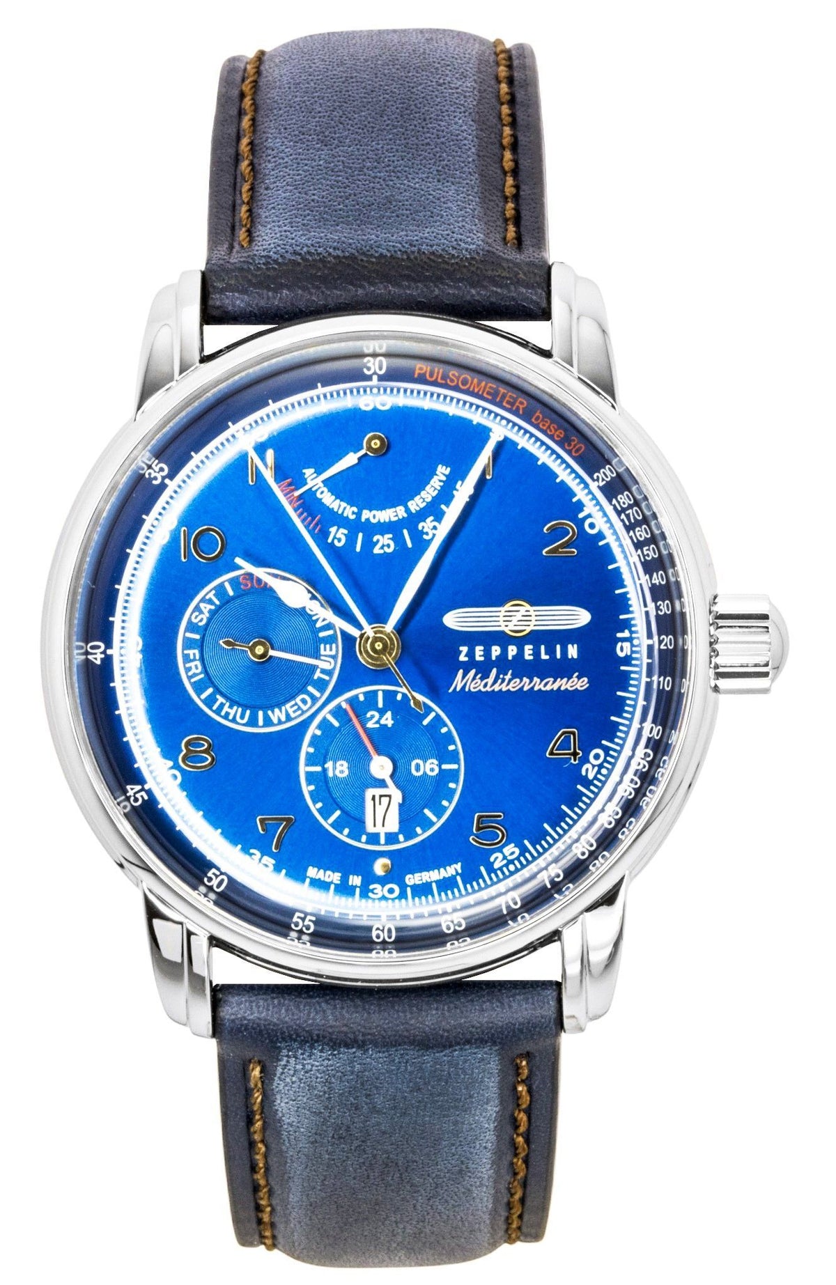 Zeppelin Mediterranee lederen band blauwe wijzerplaat automatisch 96903 herenhorloge