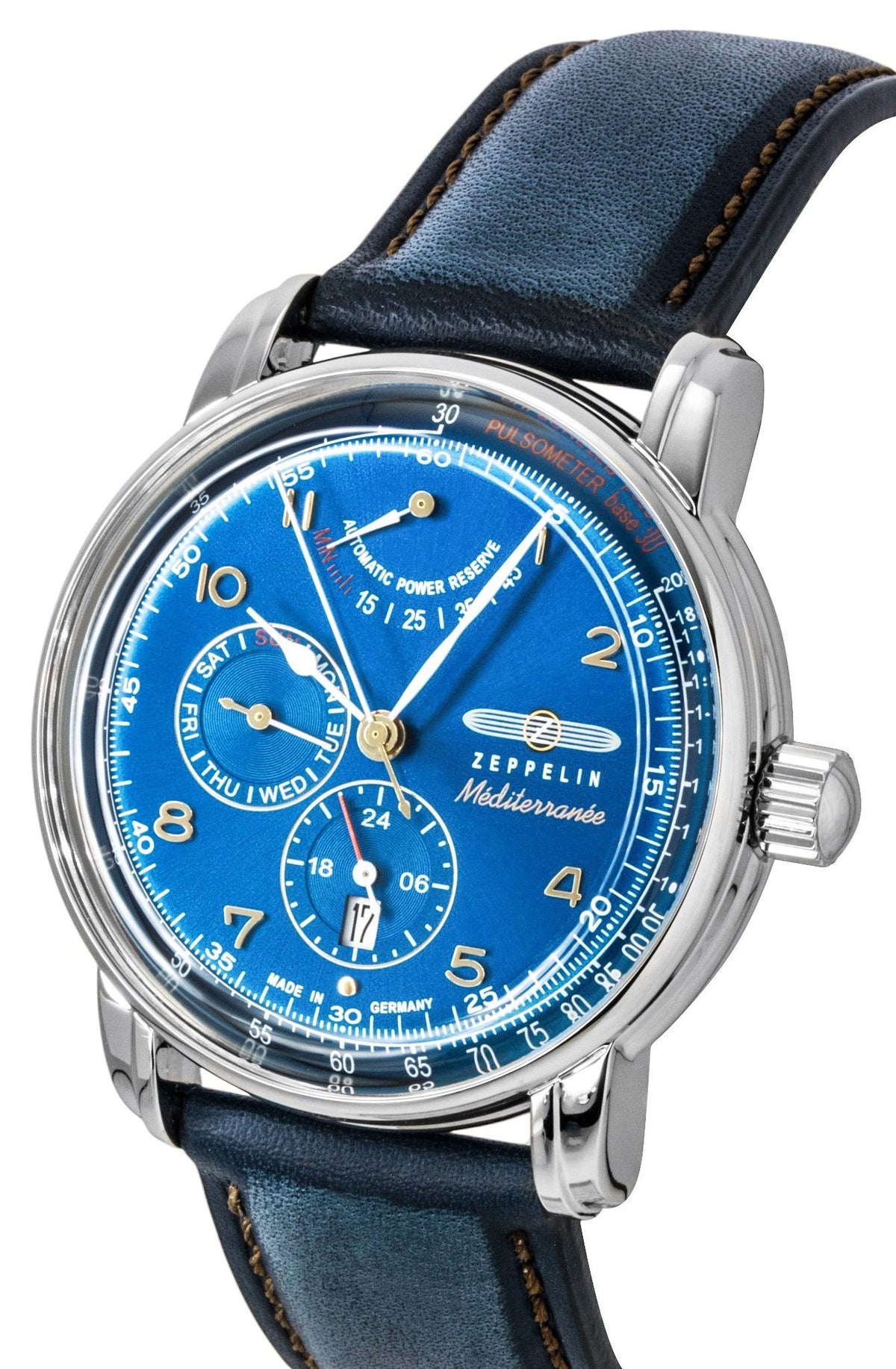 Zeppelin Mediterranee lederen band blauwe wijzerplaat automatisch 96903 herenhorloge