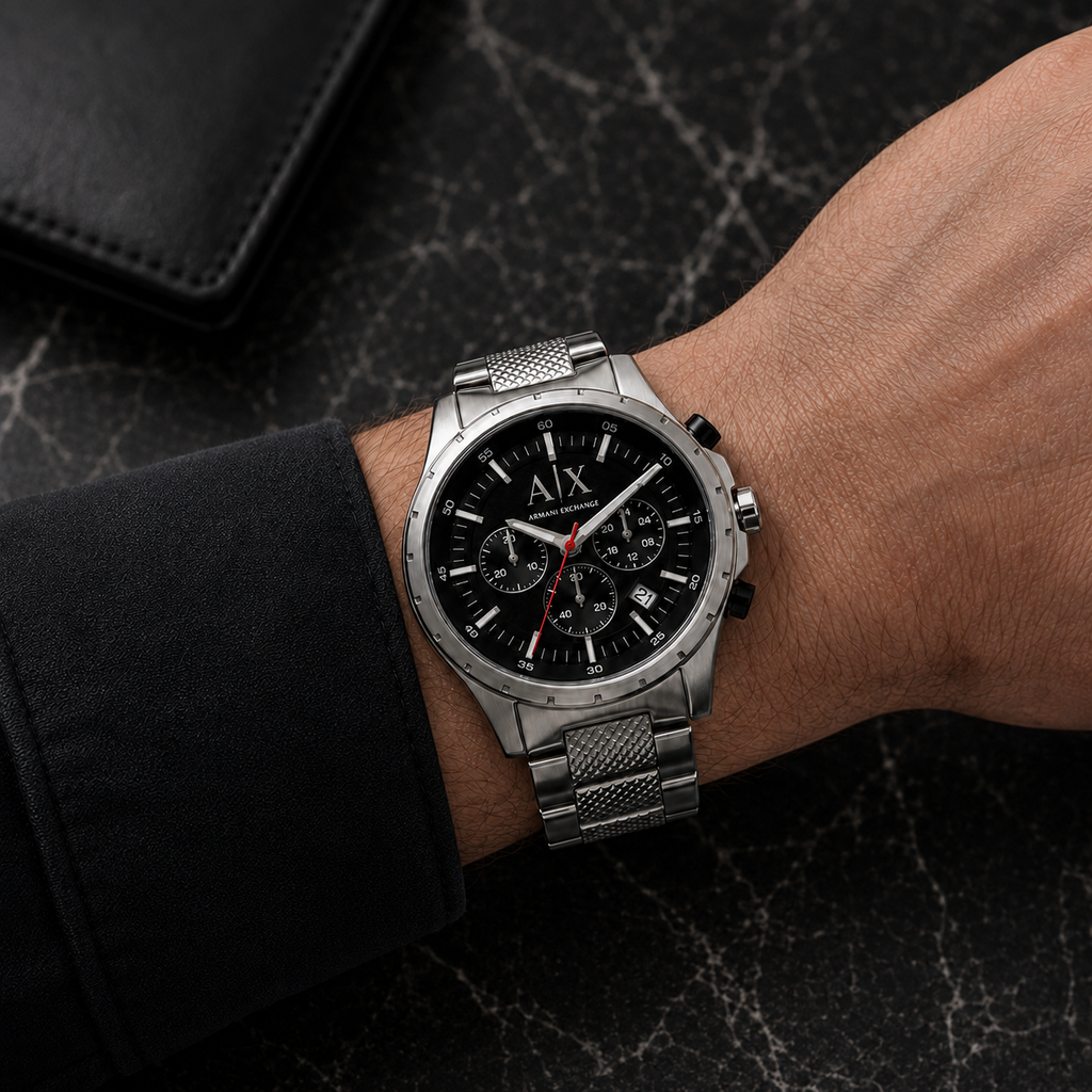 Armani Exchange AX1057 men's watch on clean inner-wrist setting