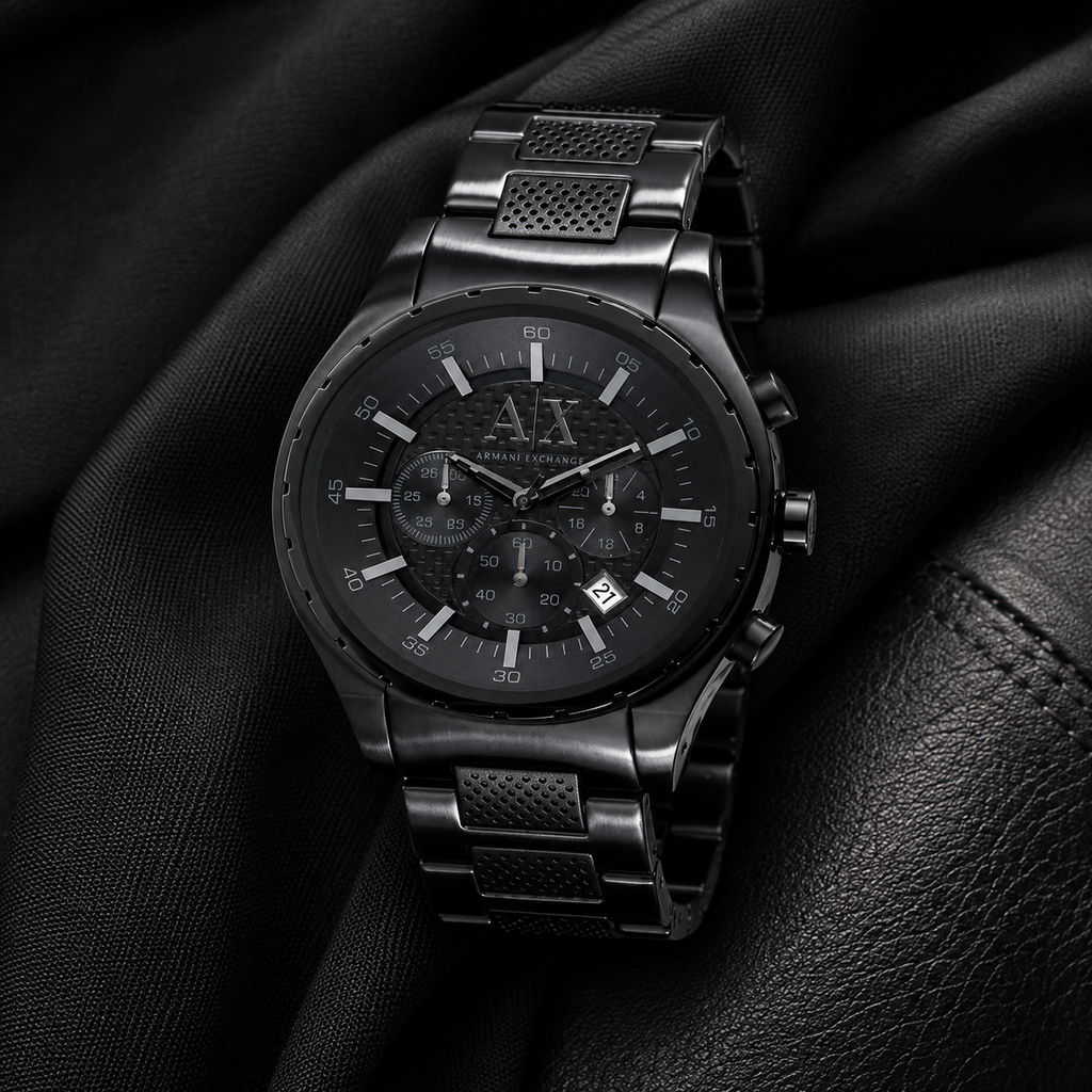 Armani Exchange AX1058 black chronograph watch on black fabric