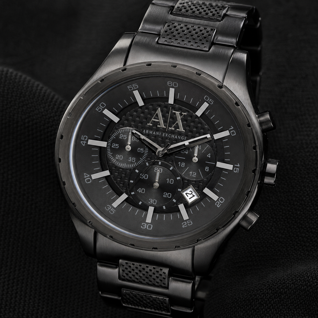 Armani Exchange AX1058 black chronograph dial macro
