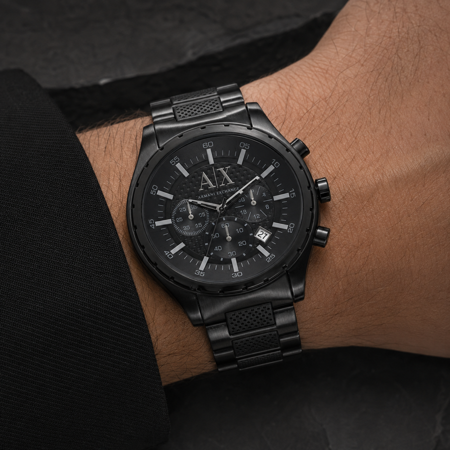 Armani Exchange AX1058 men's black chronograph watch worn on the inside wrist