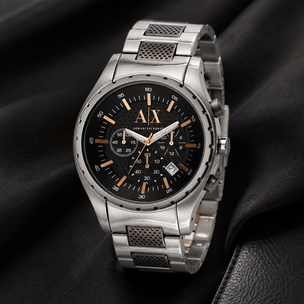 Armani Exchange AX1093 silver chronograph watch on black fabric