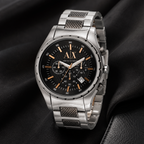 Armani Exchange AX1093 silver chronograph watch on black fabric