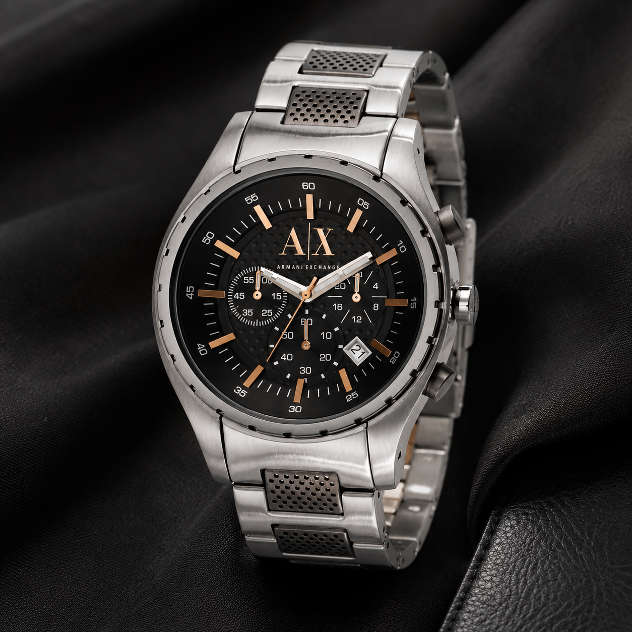 Armani Exchange AX1093 silver chronograph watch on black fabric