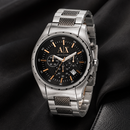 Armani Exchange AX1093 silver chronograph watch on black fabric