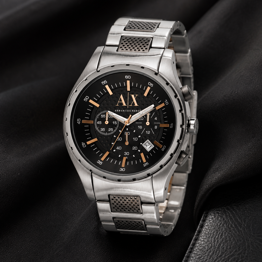 Armani Exchange AX1093 silver chronograph watch on black fabric