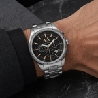 Armani Exchange AX1093 men's silver and black chronograph worn on the inside wrist
