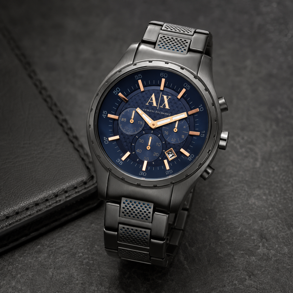 Armani Exchange AX1166 navy chronograph watch on a dark desk