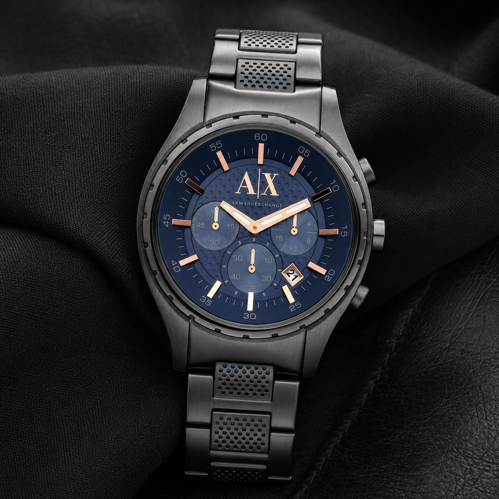 Armani Exchange AX1166 navy chronograph watch on black fabric