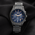 Armani Exchange AX1166 navy chronograph watch on black fabric