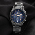 Armani Exchange AX1166 navy chronograph watch on black fabric