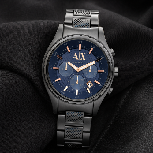 Armani Exchange AX1166 navy chronograph watch on black fabric