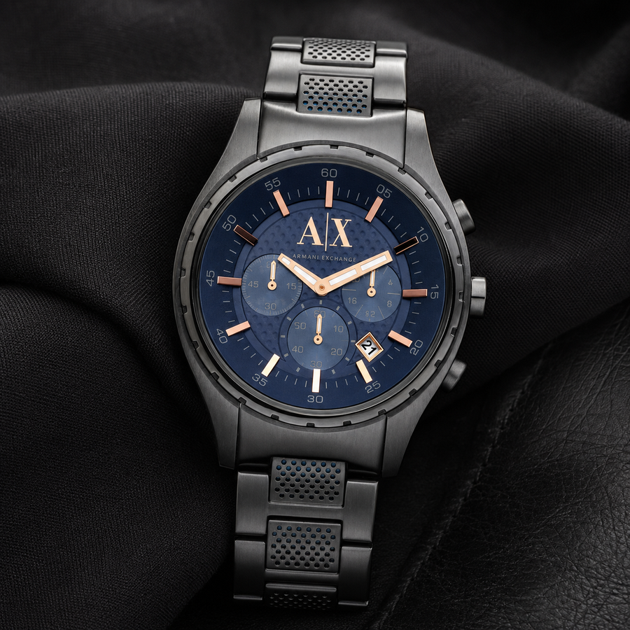 Armani Exchange AX1166 navy chronograph watch on black fabric