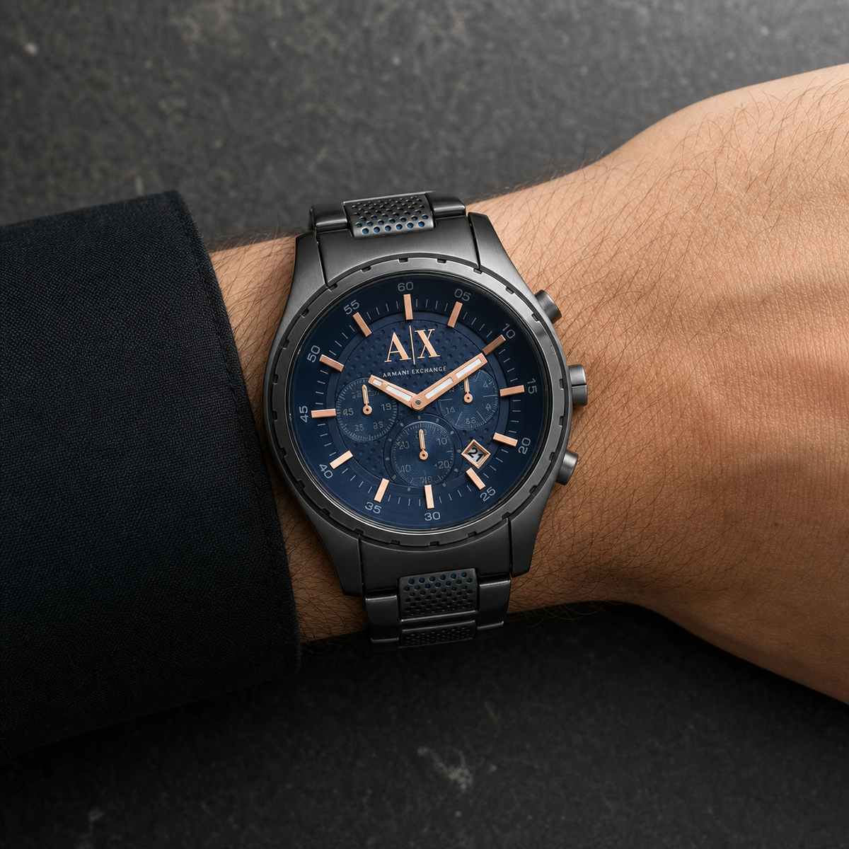 Armani Exchange AX1166 men's navy chronograph worn on the inside wrist