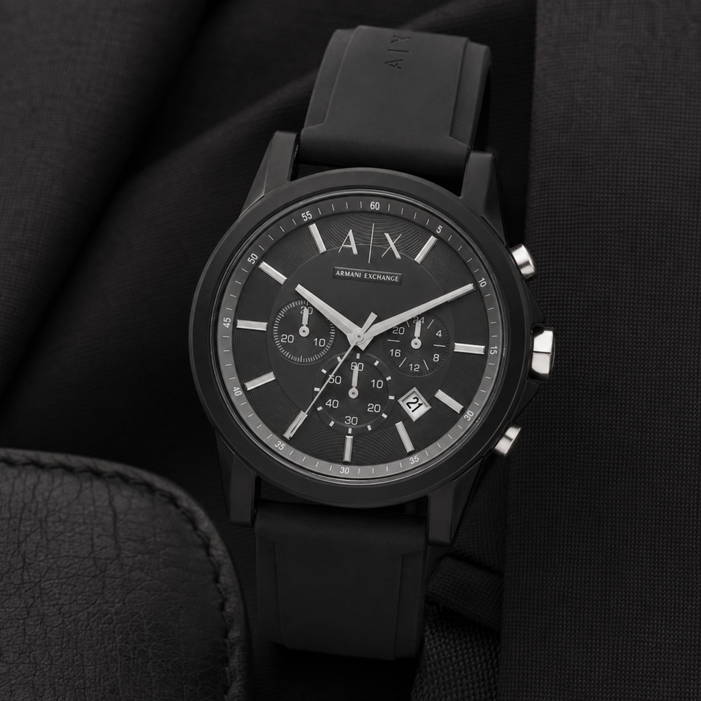 Armani Exchange AX1326 black chronograph watch on black fabric