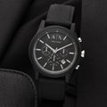 Armani Exchange AX1326 black chronograph watch on black fabric
