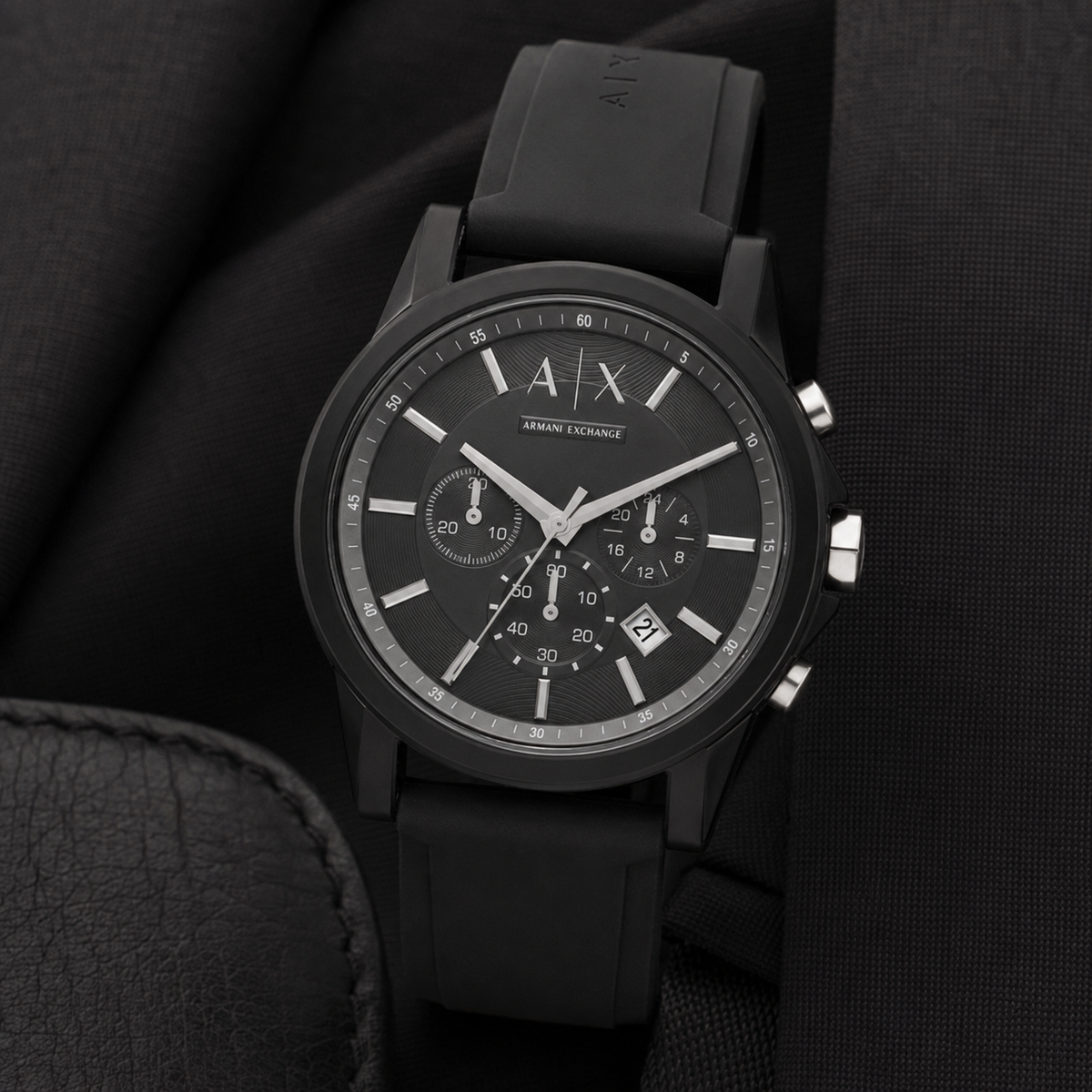 Armani Exchange AX1326 black chronograph watch on black fabric