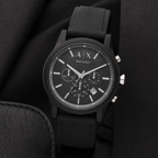 Armani Exchange AX1326 black chronograph watch on black fabric