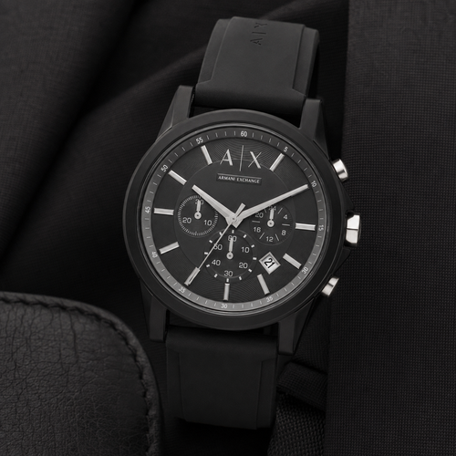 Armani Exchange AX1326 black chronograph watch on black fabric
