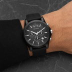 Armani Exchange AX1326 men's black chronograph worn on the inside wrist