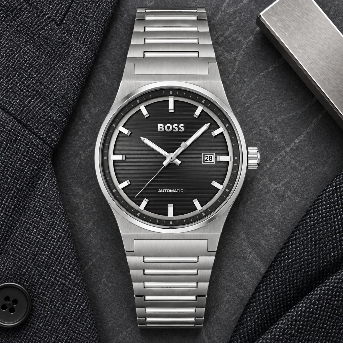 BOSS Candor Men's Automatic Watch – Black Dial, Silver Steel Bracelet, 41mm – 1514117 – image 4