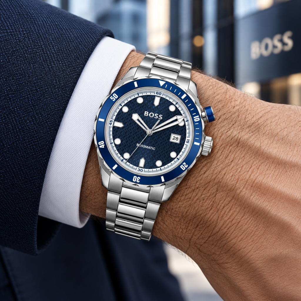 BOSS Bossmatic 1514177 navy kinetic watch worn on wrist