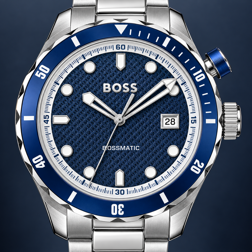 BOSS Bossmatic 1514177 navy textured dial and bezel macro