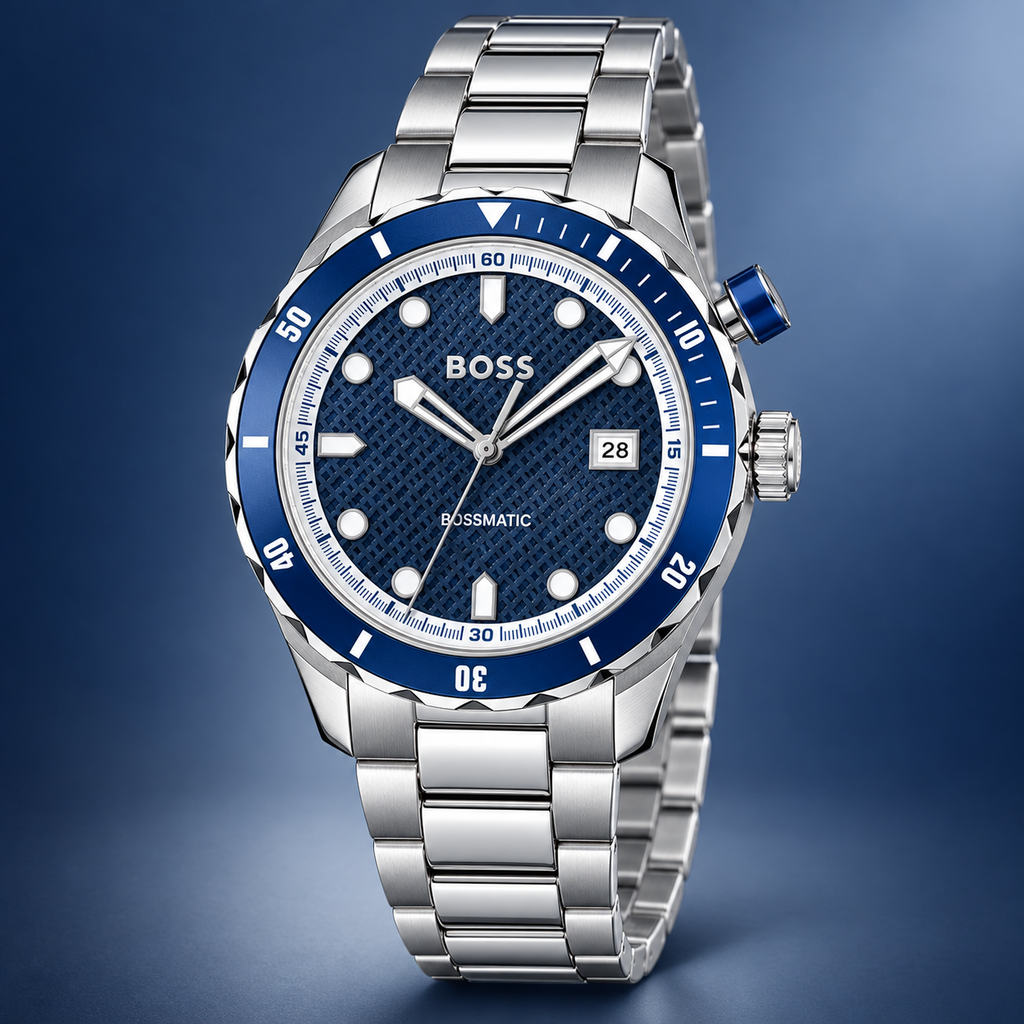 BOSS Bossmatic 1514177 navy dial watch three-quarter view