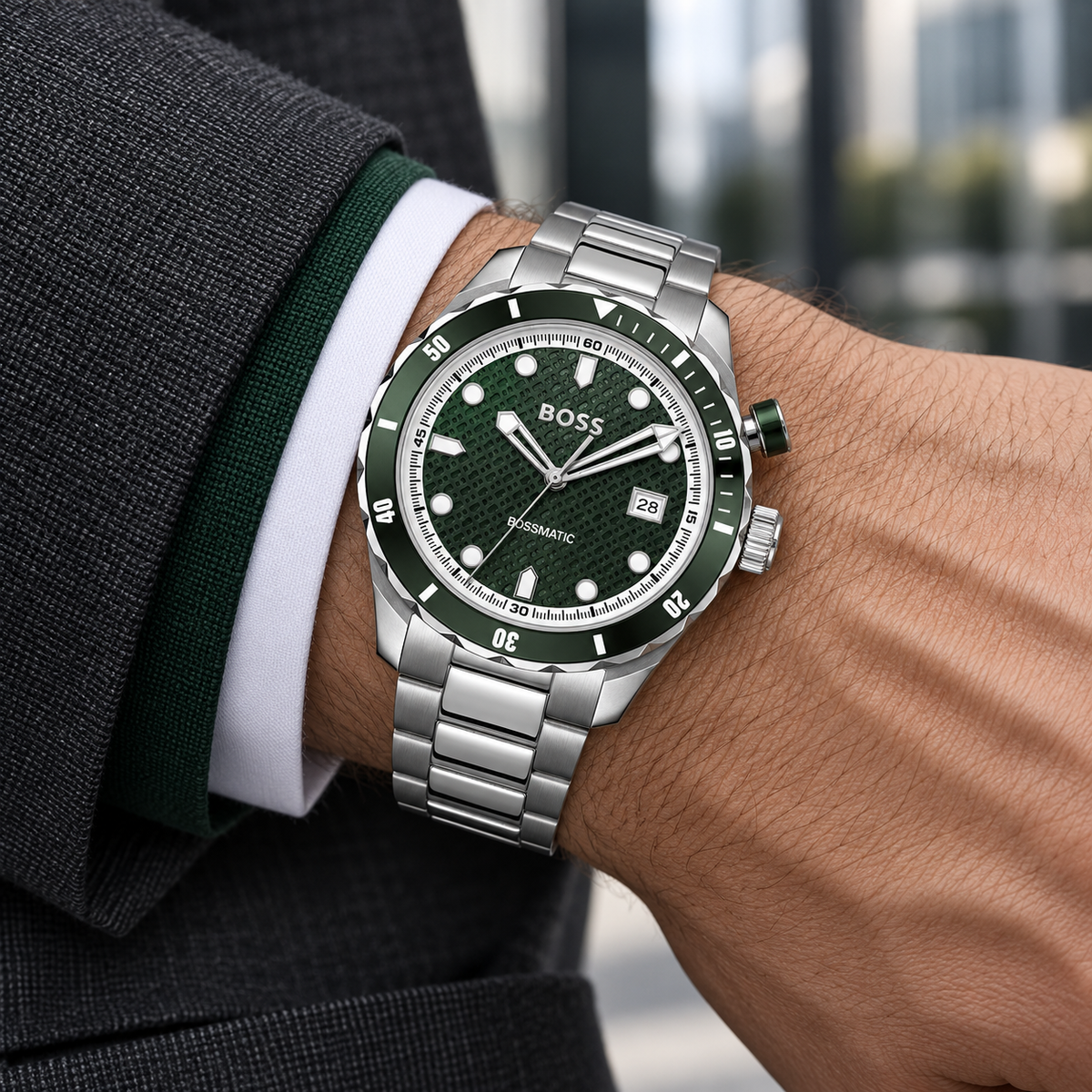BOSS Bossmatic 1514178 green kinetic watch worn on wrist