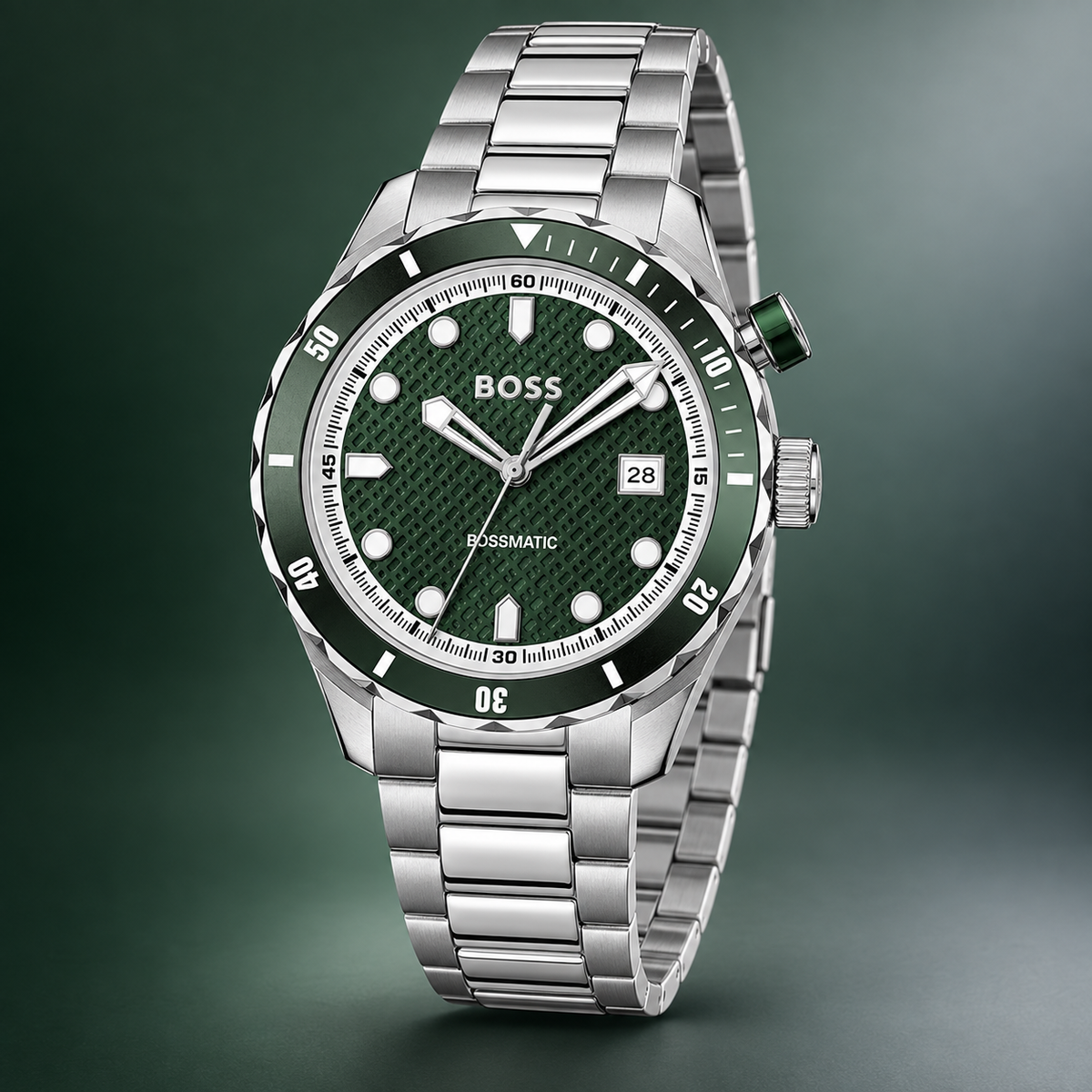 BOSS Bossmatic 1514178 green dial watch three-quarter view