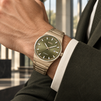 BOSS Candor 1514184 olive automatic watch worn on wrist