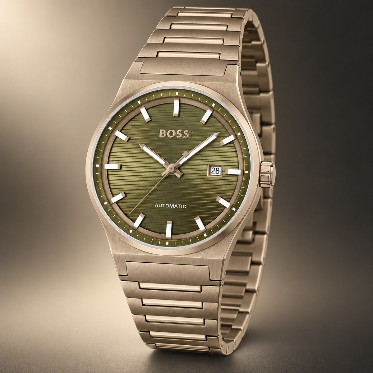 BOSS Candor 1514184 olive dial watch three-quarter view