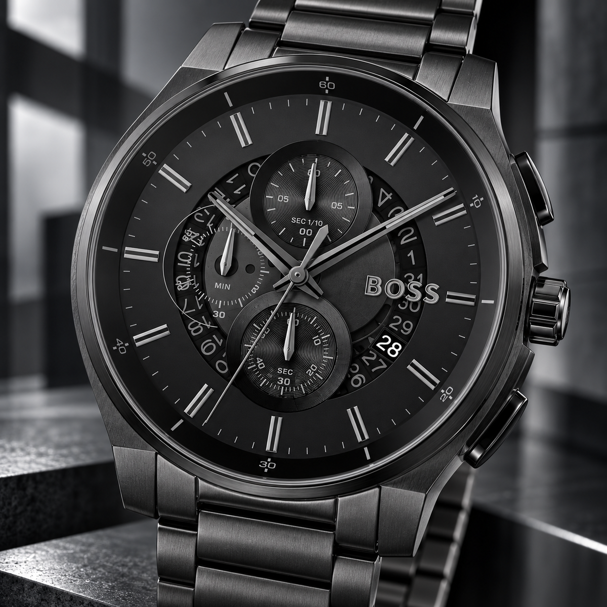 BOSS Peak 2.0 Men's Chronograph Watch layered black chronograph dial macro