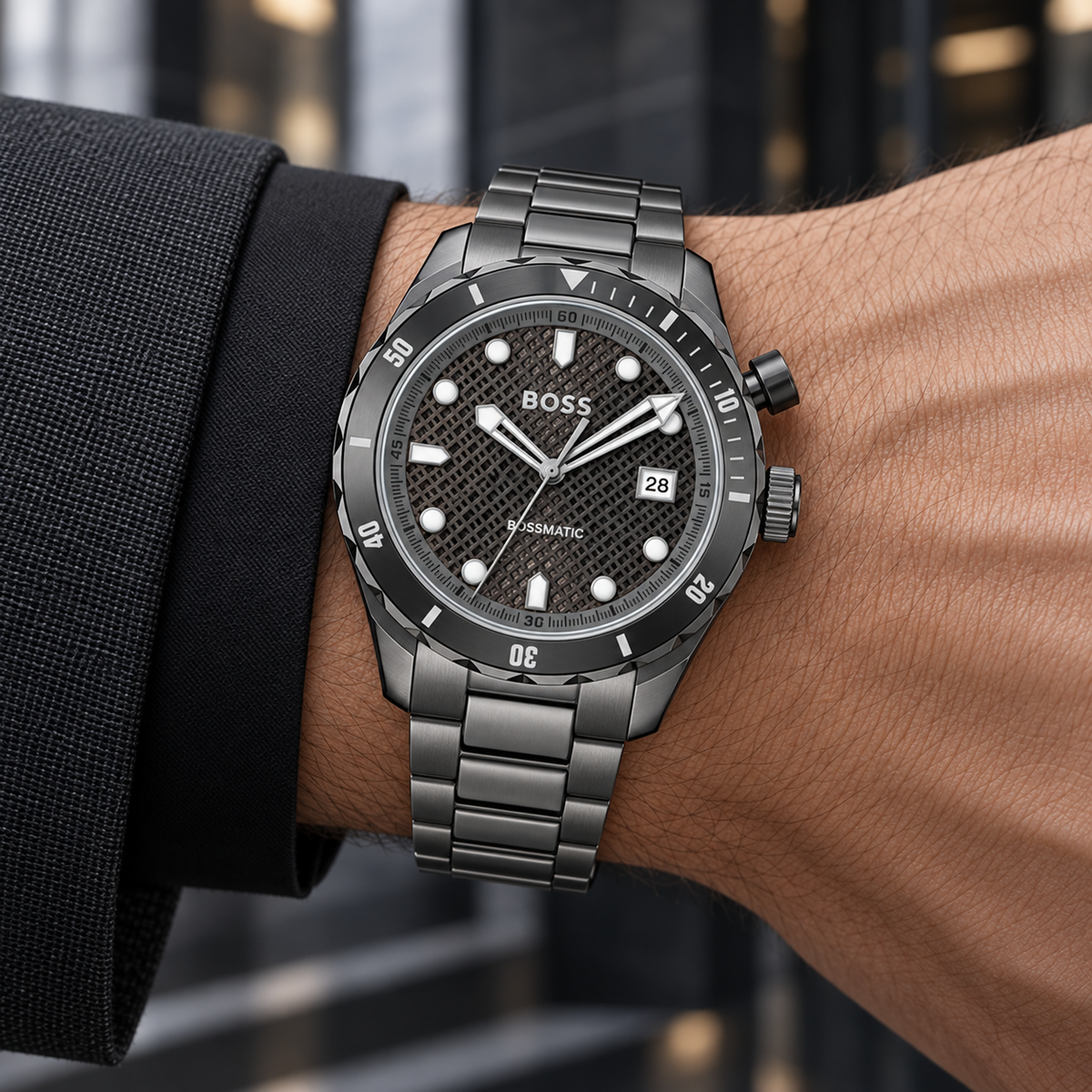 BOSS Bossmatic 1514213 anthracite kinetic watch worn on wrist